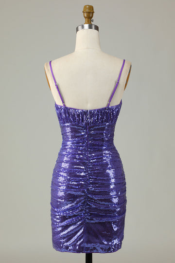 Sparkly Purple Sequins Spaghetti stropper Tight Short Homecoming Dress